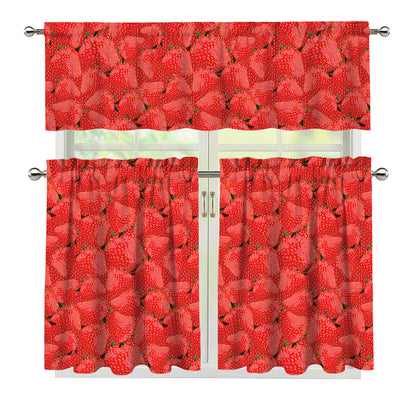 Red Strawberry Pattern Print 3 Piece Kitchen Curtains