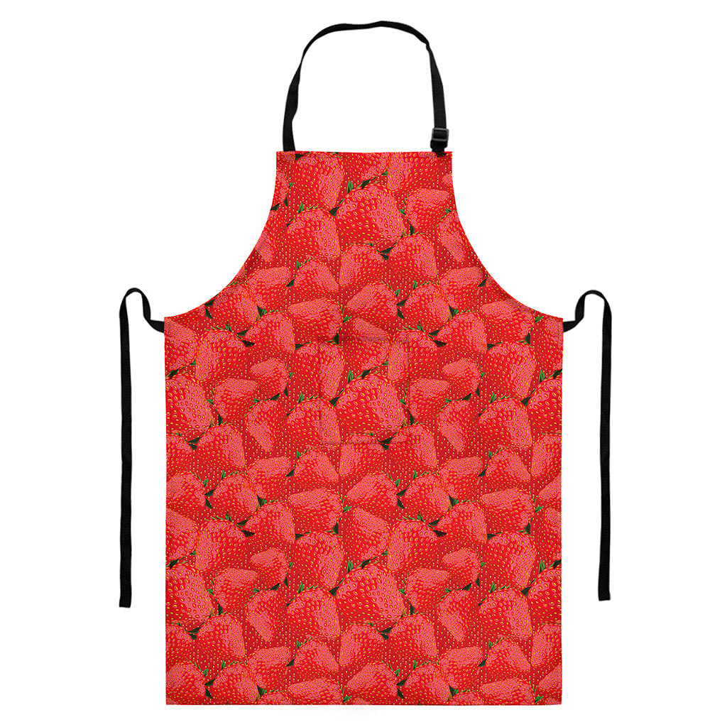 Red Strawberry Pattern Print Bib Apron With Pocket