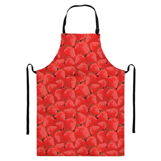 Red Strawberry Pattern Print Bib Apron With Pocket