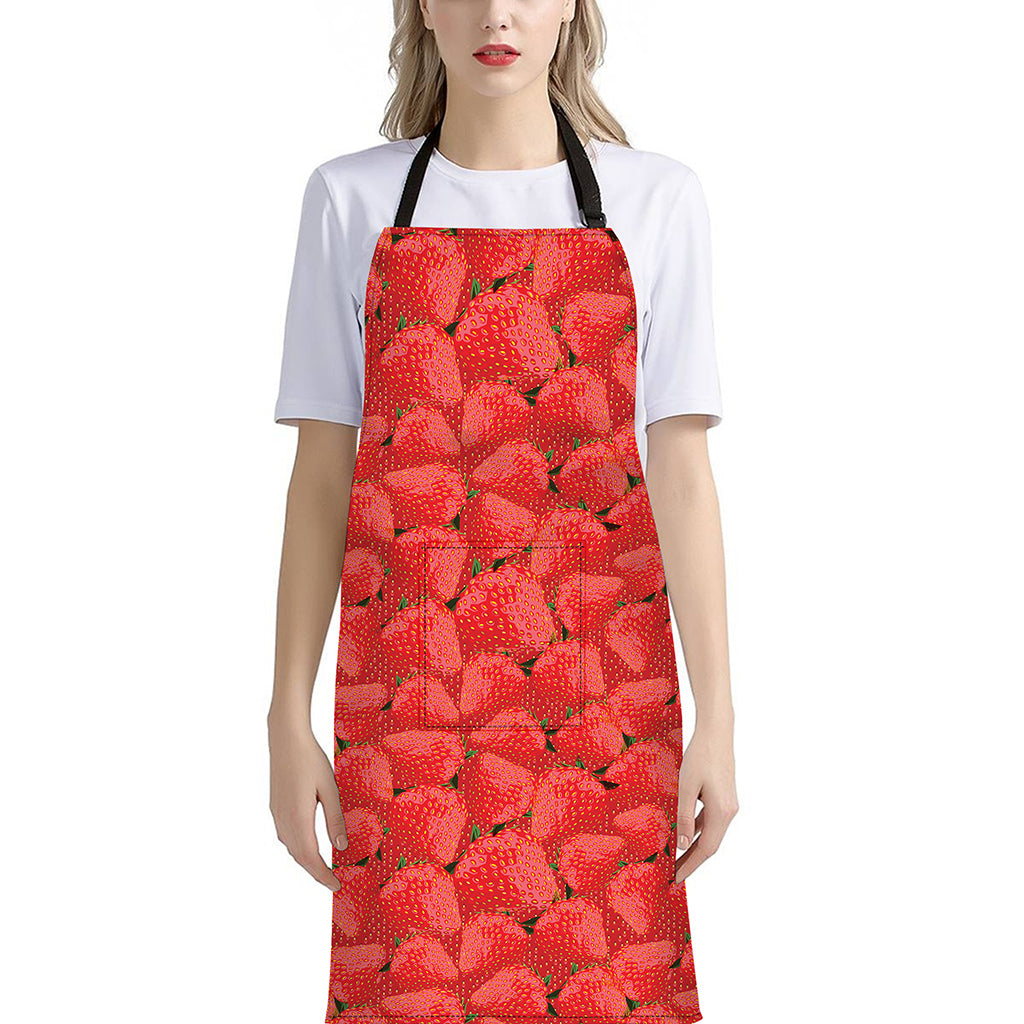Red Strawberry Pattern Print Bib Apron With Pocket