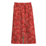 Red Strawberry Pattern Print Cotton Front Slit Maxi Skirt
