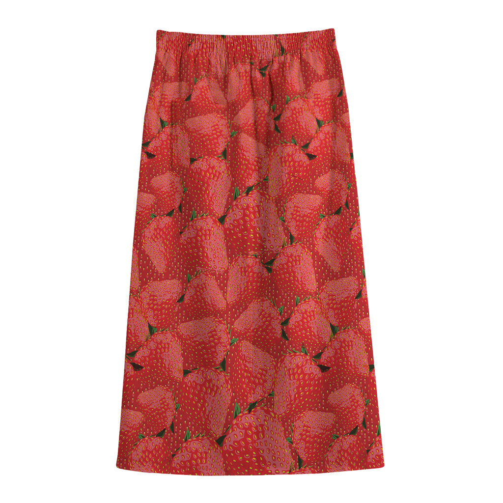 Red Strawberry Pattern Print Cotton Front Slit Maxi Skirt