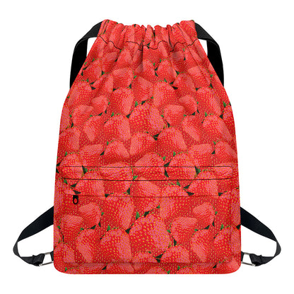 Red Strawberry Pattern Print Drawstring Backpack