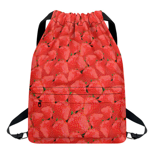 Red Strawberry Pattern Print Drawstring Backpack