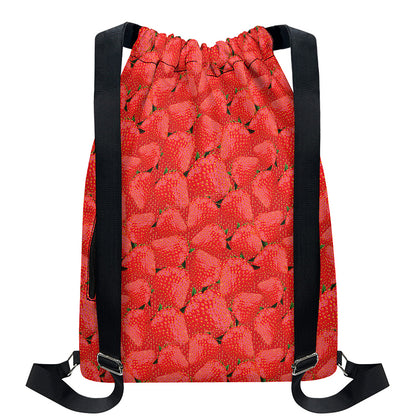 Red Strawberry Pattern Print Drawstring Backpack