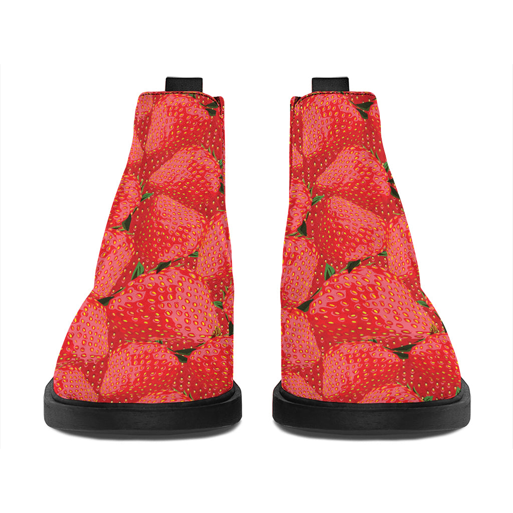 Red Strawberry Pattern Print Flat Ankle Boots