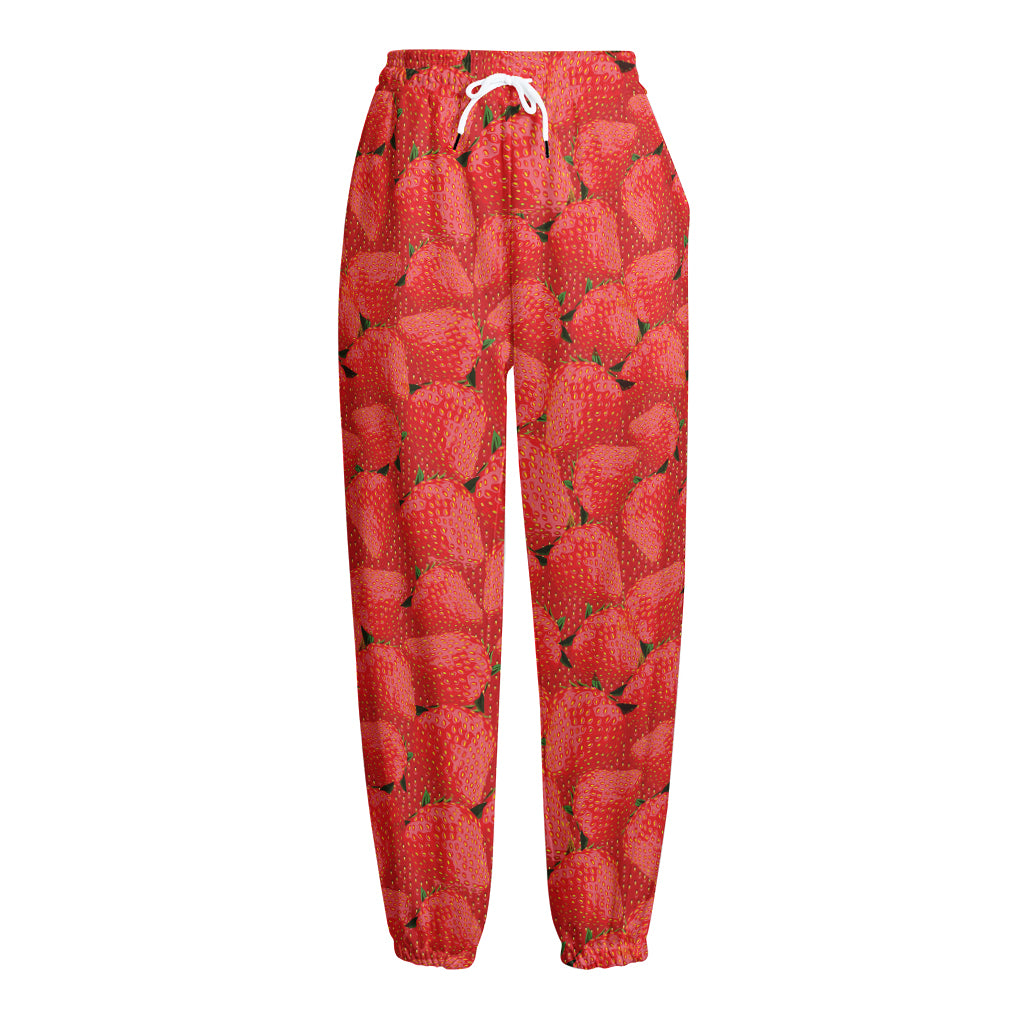 Red Strawberry Pattern Print Fleece Lined Knit Pants
