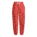 Red Strawberry Pattern Print Fleece Lined Knit Pants