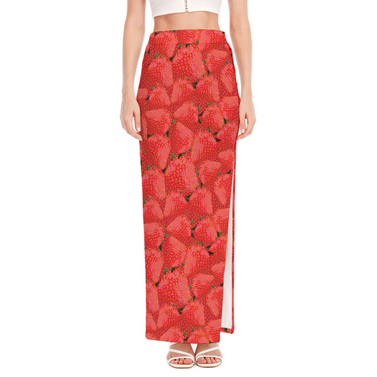 Red Strawberry Pattern Print High Slit Maxi Skirt