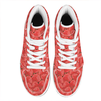 Red Strawberry Pattern Print High Top Leather Sneakers