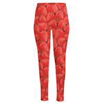 Red Strawberry Pattern Print High-Waisted Pocket Leggings
