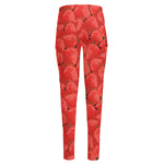 Red Strawberry Pattern Print High-Waisted Pocket Leggings