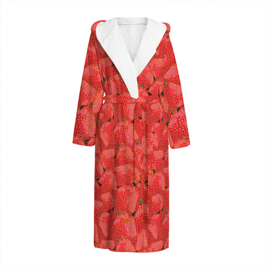 Red Strawberry Pattern Print Hooded Bathrobe