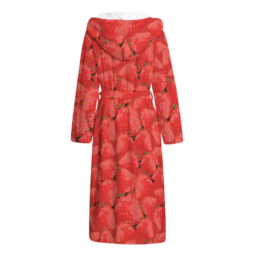Red Strawberry Pattern Print Hooded Bathrobe