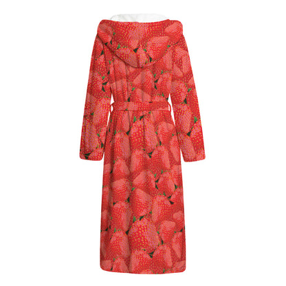 Red Strawberry Pattern Print Hooded Bathrobe