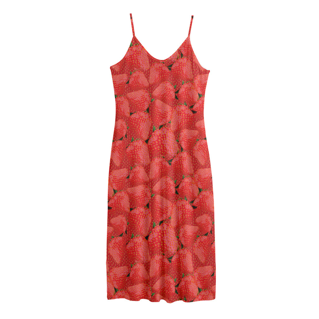 Red Strawberry Pattern Print Jersey Midi Cami Dress