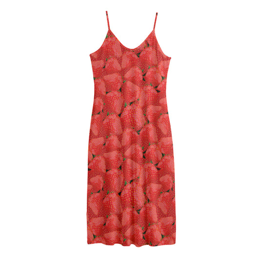 Red Strawberry Pattern Print Jersey Midi Cami Dress