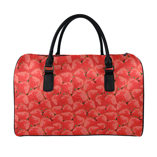 Red Strawberry Pattern Print Leather Duffle Bag