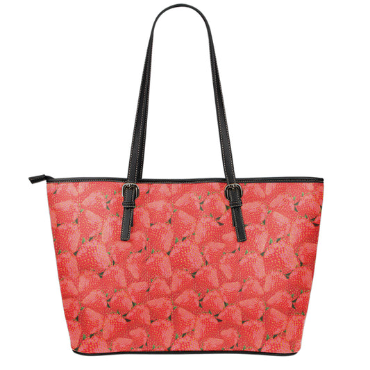 Red Strawberry Pattern Print Leather Tote Bag