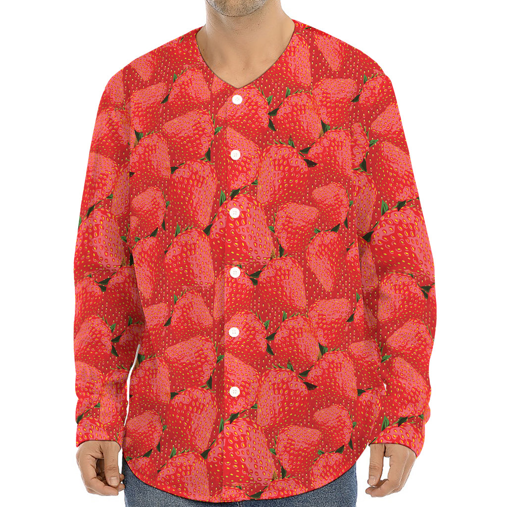 Red Strawberry Pattern Print Long Sleeve Baseball Jersey