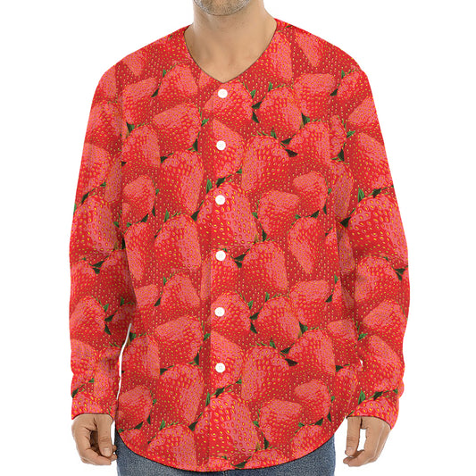 Red Strawberry Pattern Print Long Sleeve Baseball Jersey
