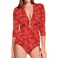Red Strawberry Pattern Print Long Sleeve Swimsuit