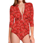 Red Strawberry Pattern Print Long Sleeve Swimsuit