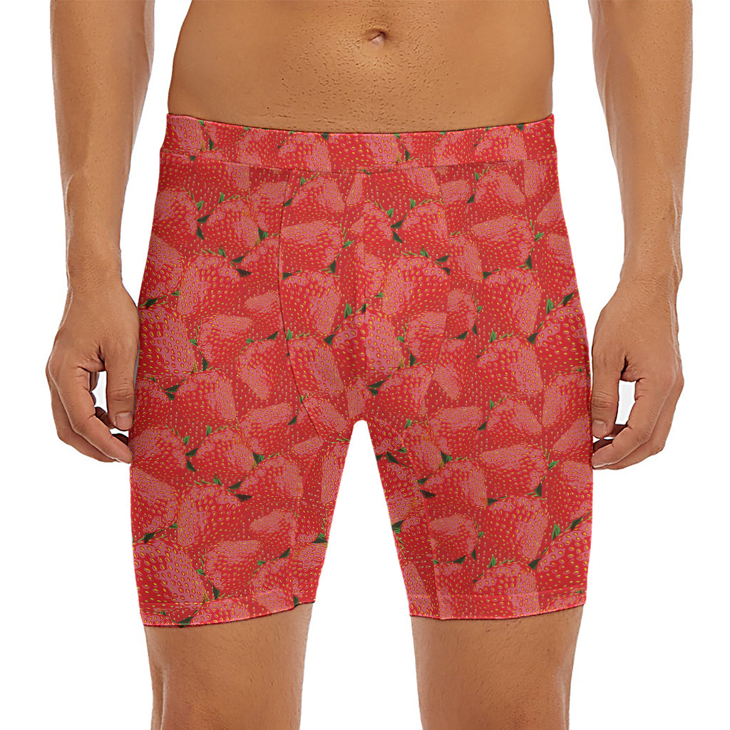 Red Strawberry Pattern Print Men's Long Boxer Briefs