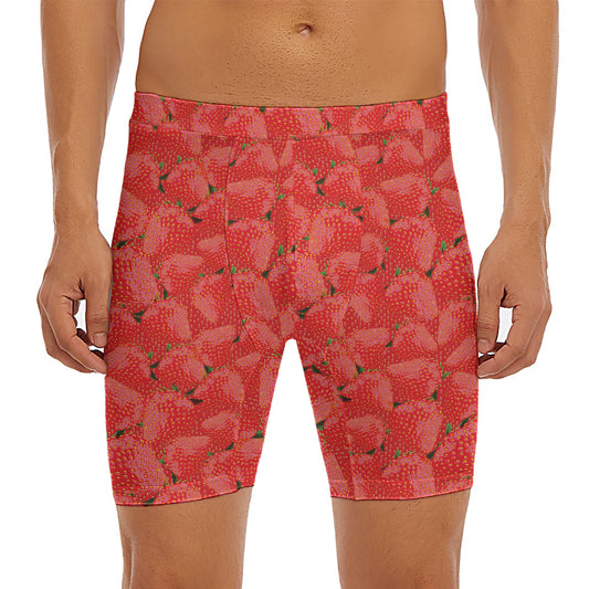 Red Strawberry Pattern Print Men's Long Boxer Briefs