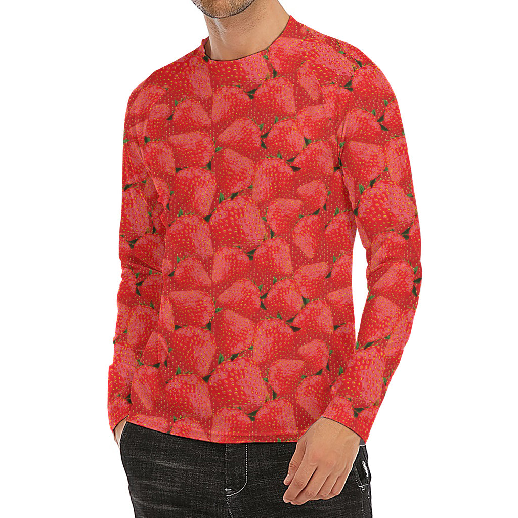 Red Strawberry Pattern Print Men's Long Sleeve Rash Guard