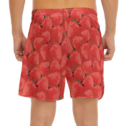 Red Strawberry Pattern Print Men's Split Running Shorts