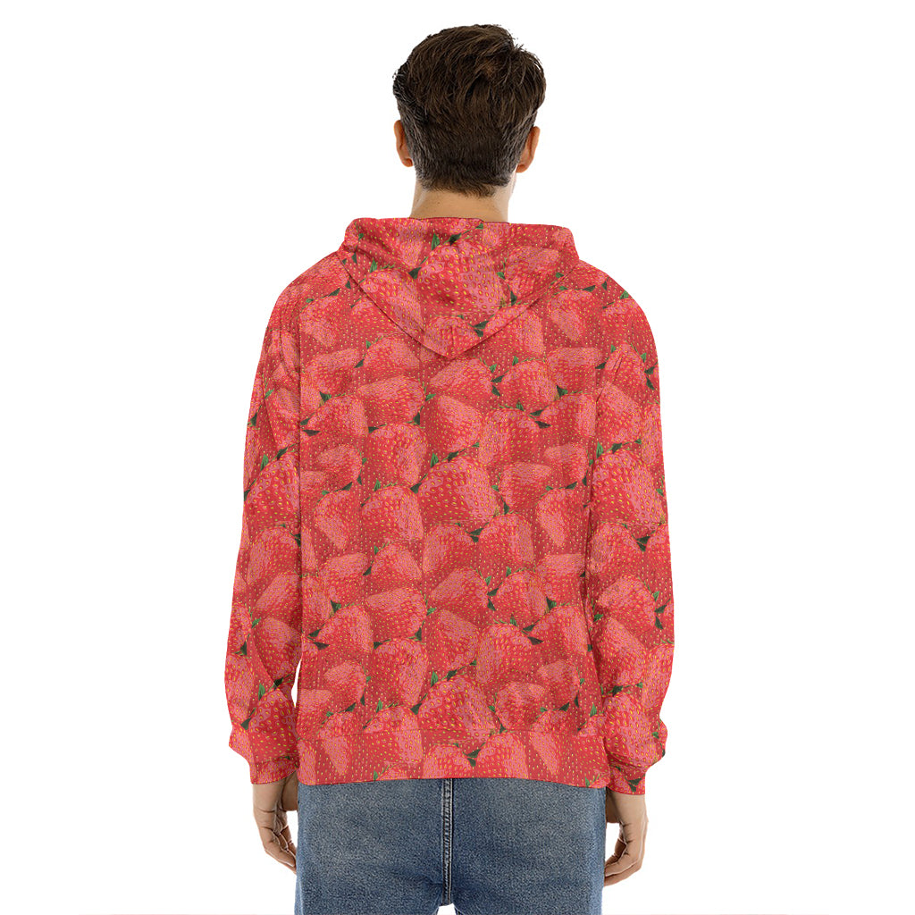Red Strawberry Pattern Print Men's Velvet Pullover Hoodie