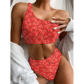 Red Strawberry Pattern Print One Shoulder Bikini Set