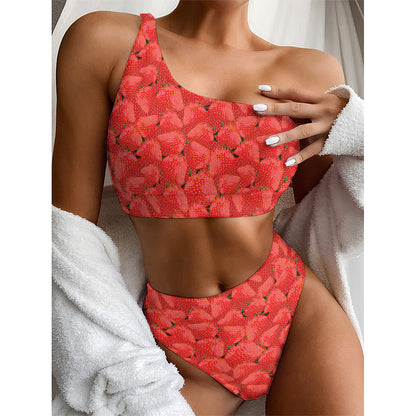 Red Strawberry Pattern Print One Shoulder Bikini Top