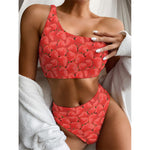Red Strawberry Pattern Print One Shoulder Bikini Top