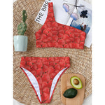 Red Strawberry Pattern Print One Shoulder Bikini Top