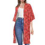 Red Strawberry Pattern Print Open Front Beach Cover Up