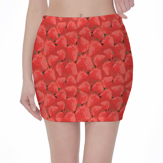 Red Strawberry Pattern Print Pencil Mini Skirt