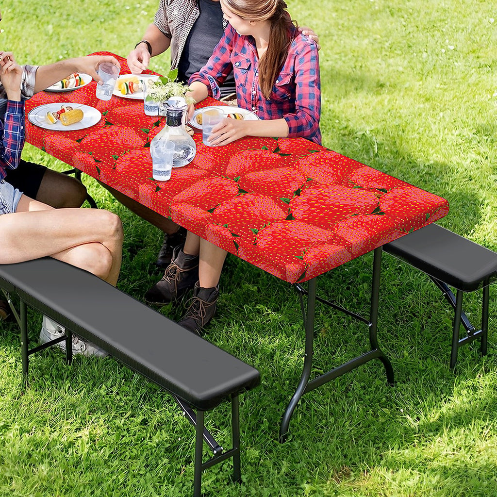 Red Strawberry Pattern Print Picnic Table Cover