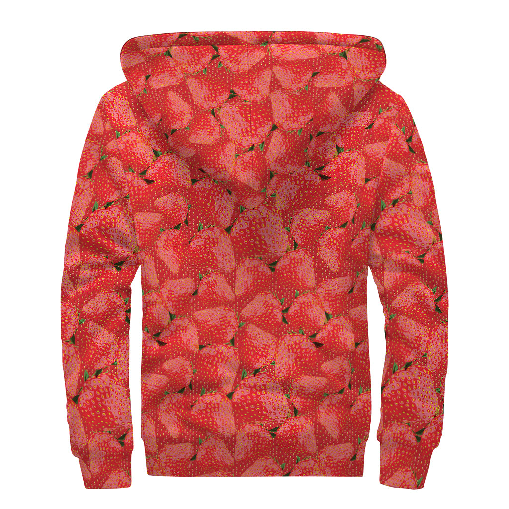 Red Strawberry Pattern Print Sherpa Lined Zip Up Hoodie