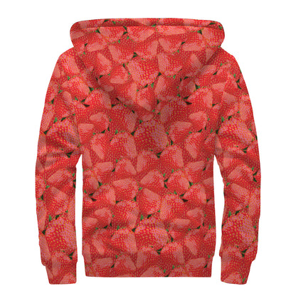 Red Strawberry Pattern Print Sherpa Lined Zip Up Hoodie