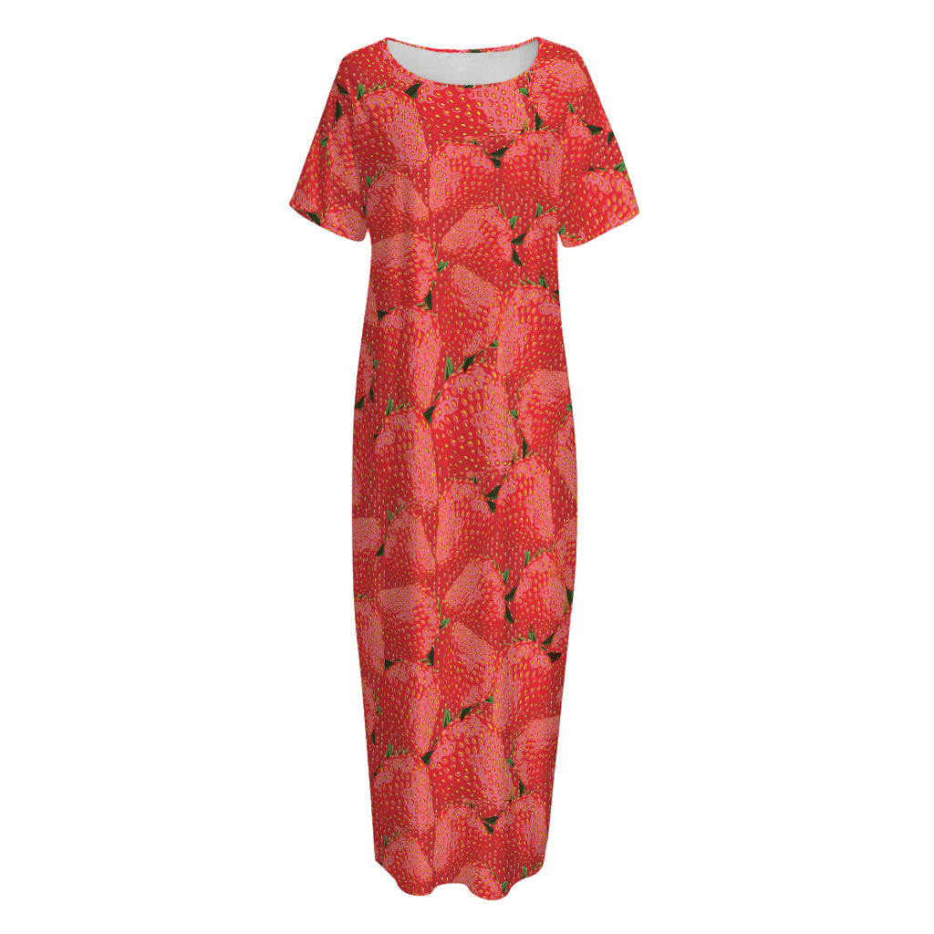 Red Strawberry Pattern Print Short Sleeve Long Nightdress