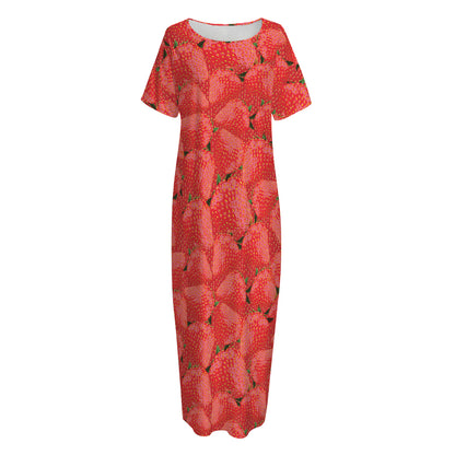 Red Strawberry Pattern Print Short Sleeve Long Nightdress
