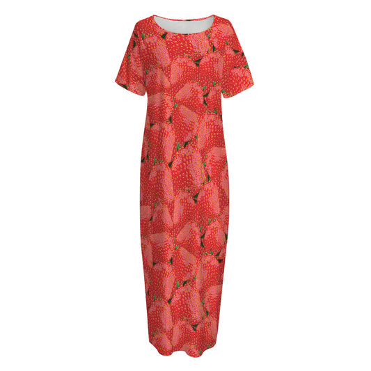 Red Strawberry Pattern Print Short Sleeve Long Nightdress