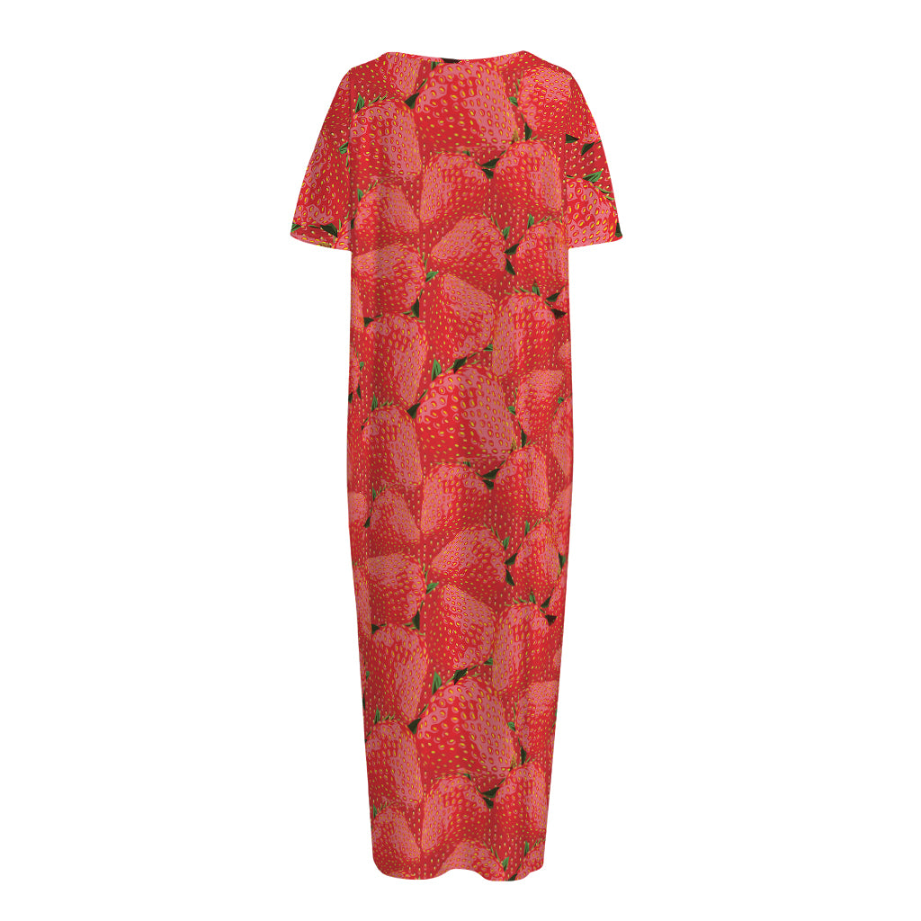 Red Strawberry Pattern Print Short Sleeve Long Nightdress