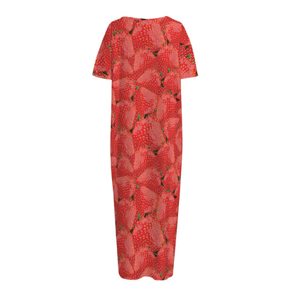 Red Strawberry Pattern Print Short Sleeve Long Nightdress
