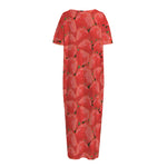 Red Strawberry Pattern Print Short Sleeve Long Nightdress