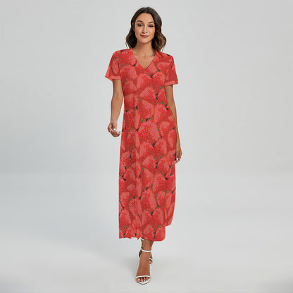 Red Strawberry Pattern Print Short Sleeve Maxi Dress