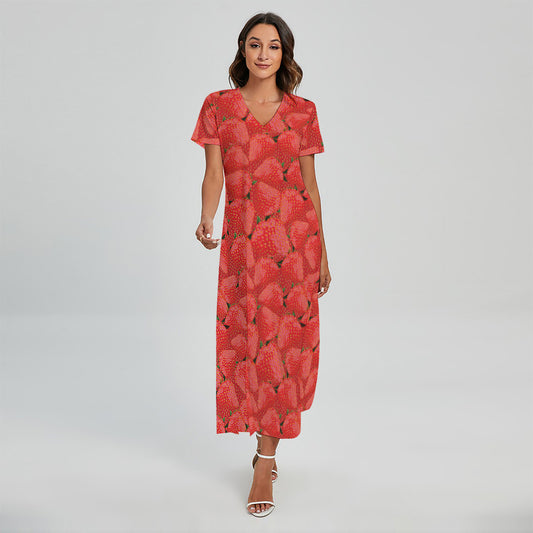 Red Strawberry Pattern Print Short Sleeve Maxi Dress