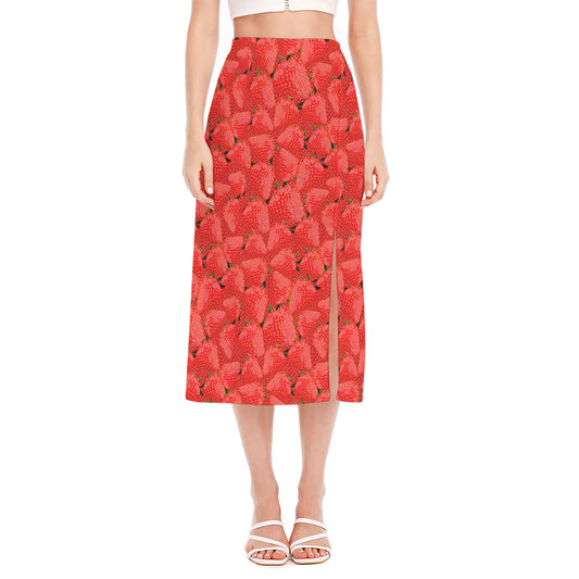 Red Strawberry Pattern Print Side Slit Midi Skirt